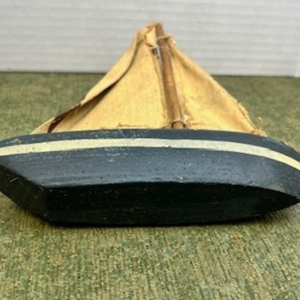 Vintage Wooden Sailboat Model Nautical Decor Blue Black Hull Star Fabric Sails - Picture 5 of 5